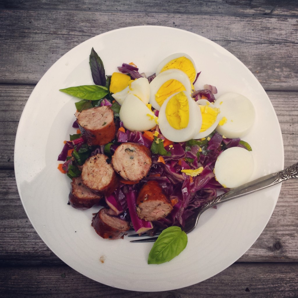 Asian-inspired Cabbage and Swiss Chard Salad with Hard-boiled Eggs and Chicken Sausage 
